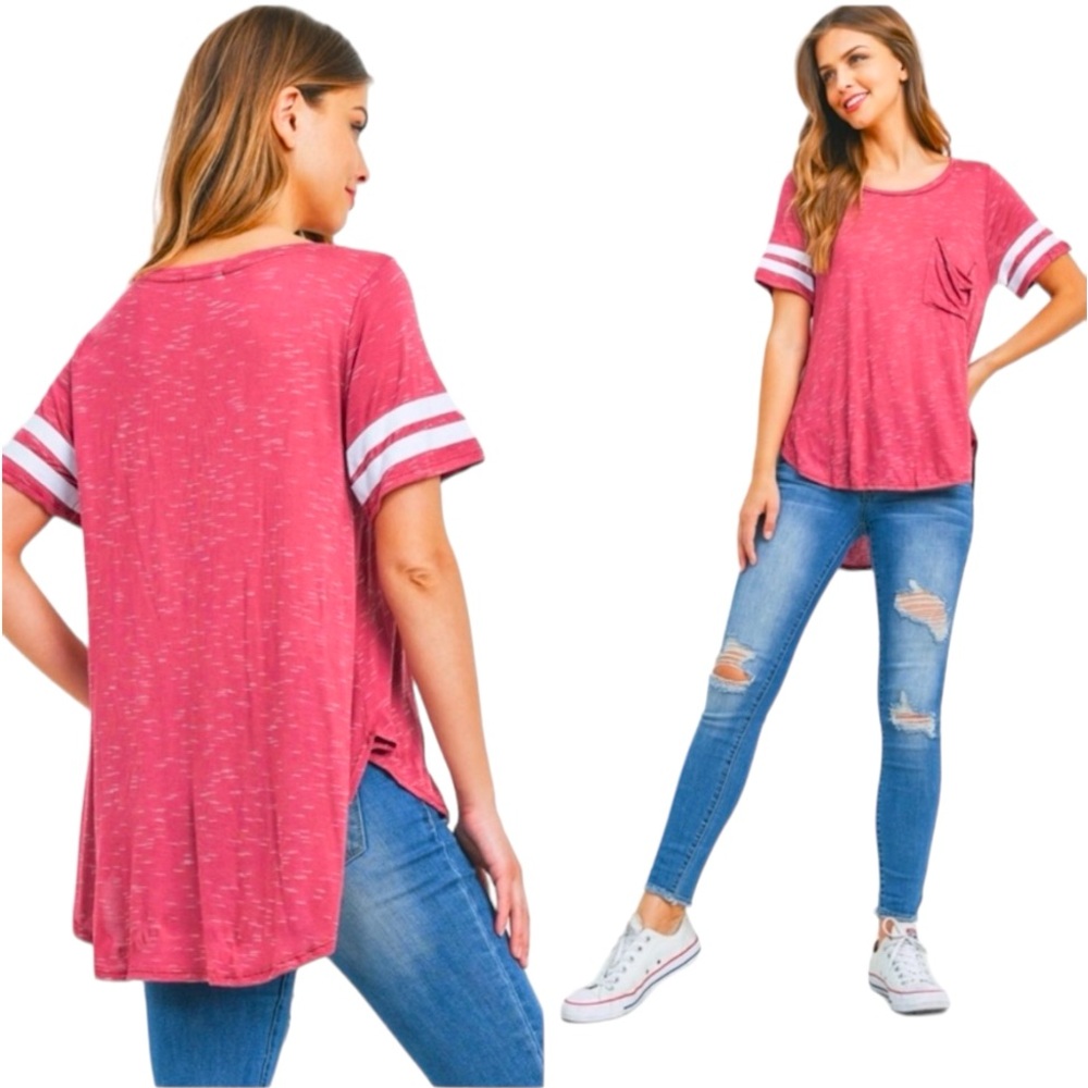 🆕 Trendy Slouchy Pocket Baseball Tee, High/Low Design Pink.